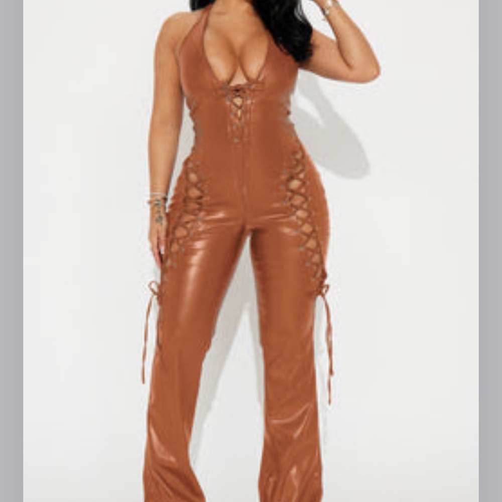 Fashionnova Brown Lace-Up Jumpsuit